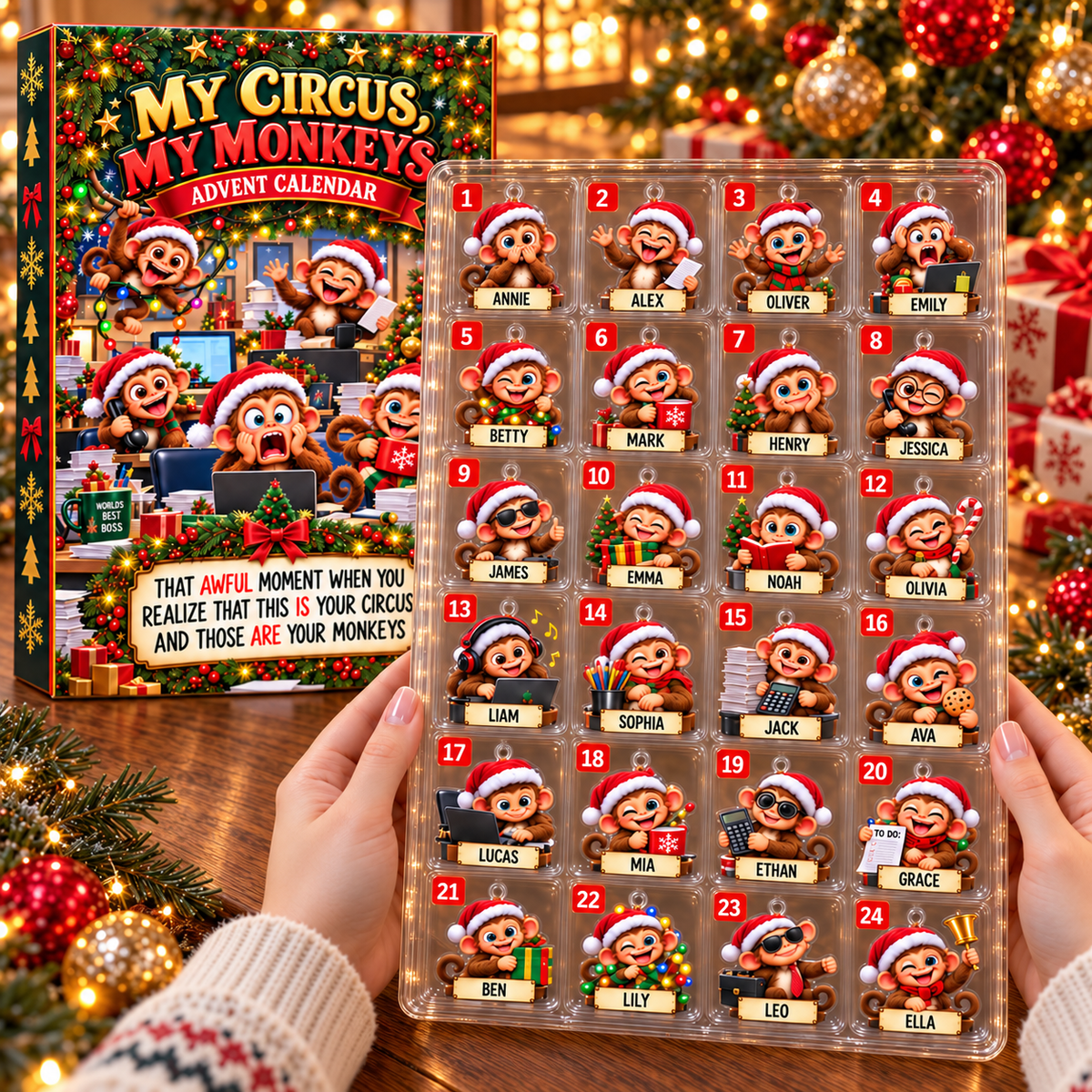 Personalized Monkey Advent Calendar, 24 Acrylic Ornaments with Custom Names, Funny Office Christmas Gift