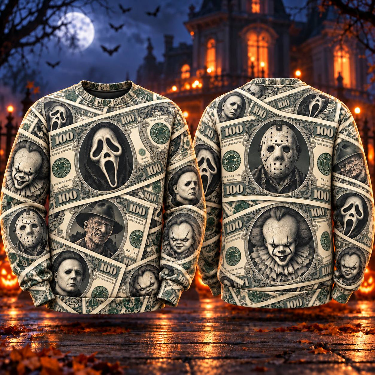 Halloween Movie Characters Money AOP T-Shirt Sweatshirt Hoodie