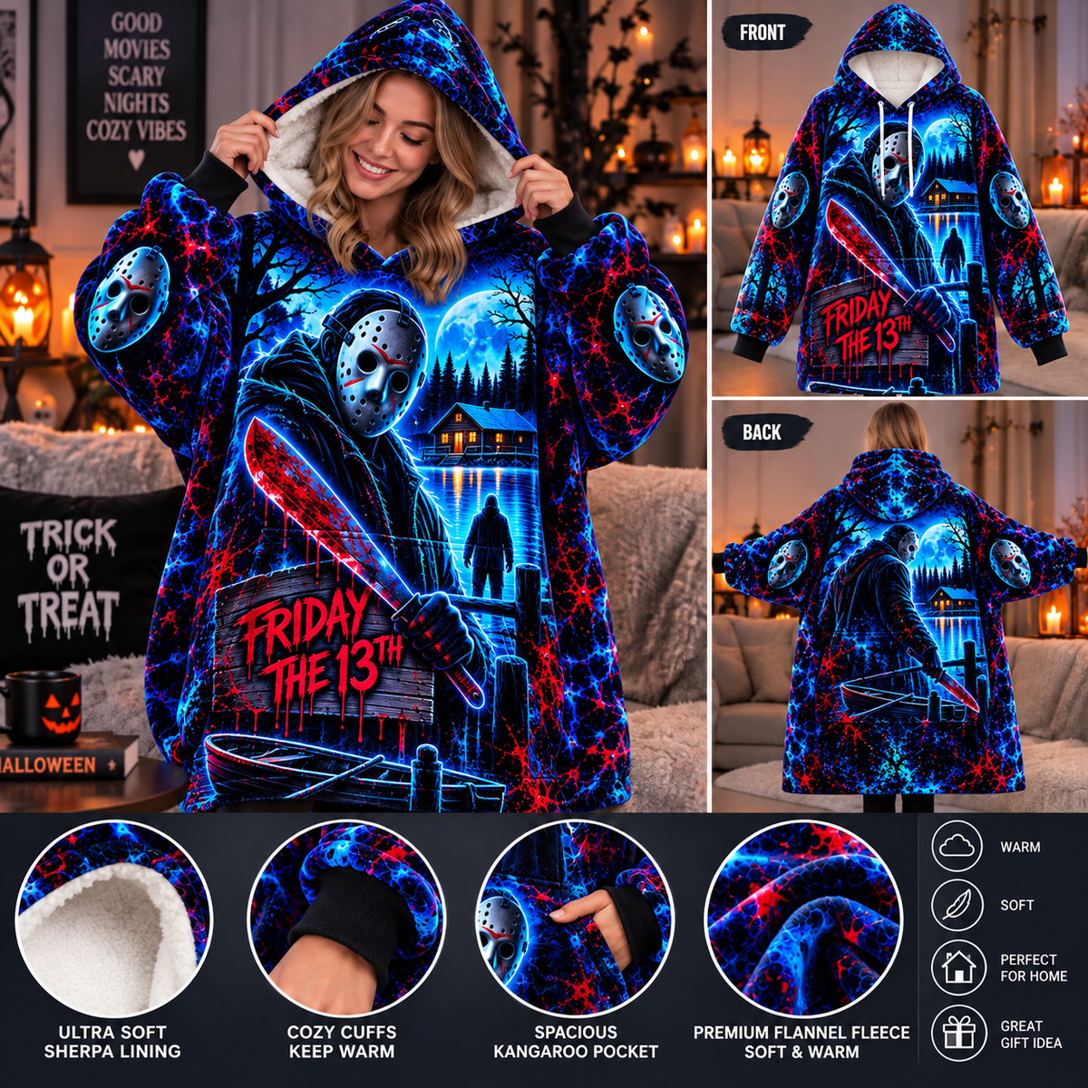 Halloween Neon Jason Voorhees AOP Blanket Hoodie