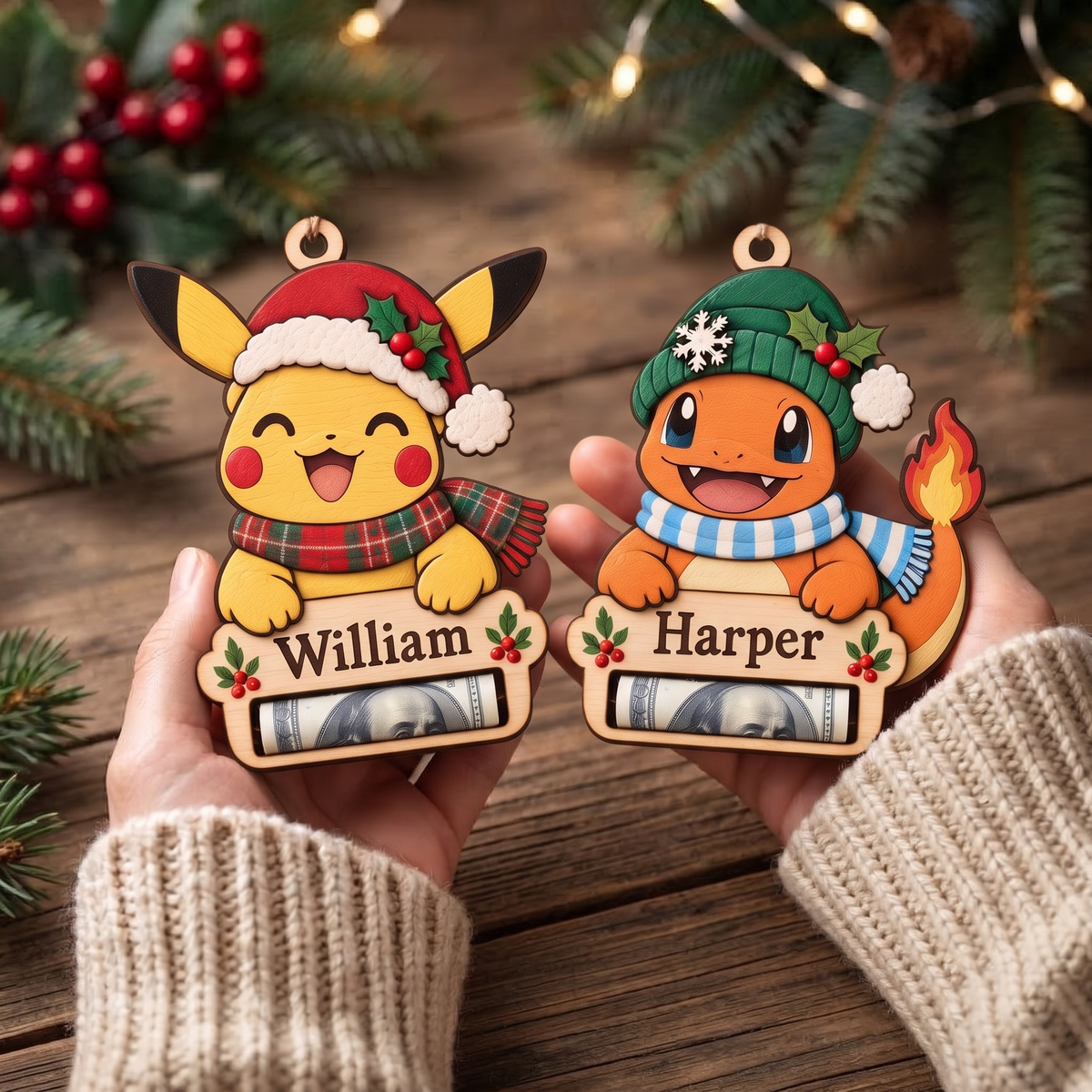 Personalized PKM Christmas Money Holder Ornament – Custom Name Wooden Holiday Gift