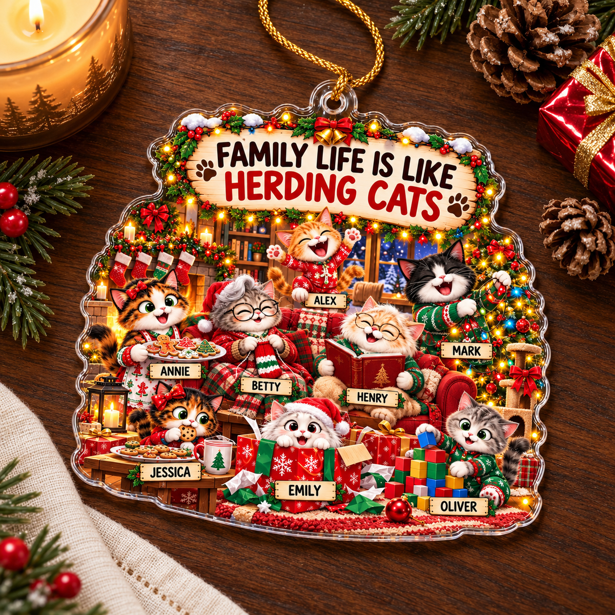Personalized Cat Family Christmas Ornament, Custom Names Acrylic Keepsake, Funny Herding Cats Gift
