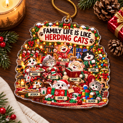 Personalized Cat Family Christmas Ornament, Custom Names Acrylic Keepsake, Funny Herding Cats Gift