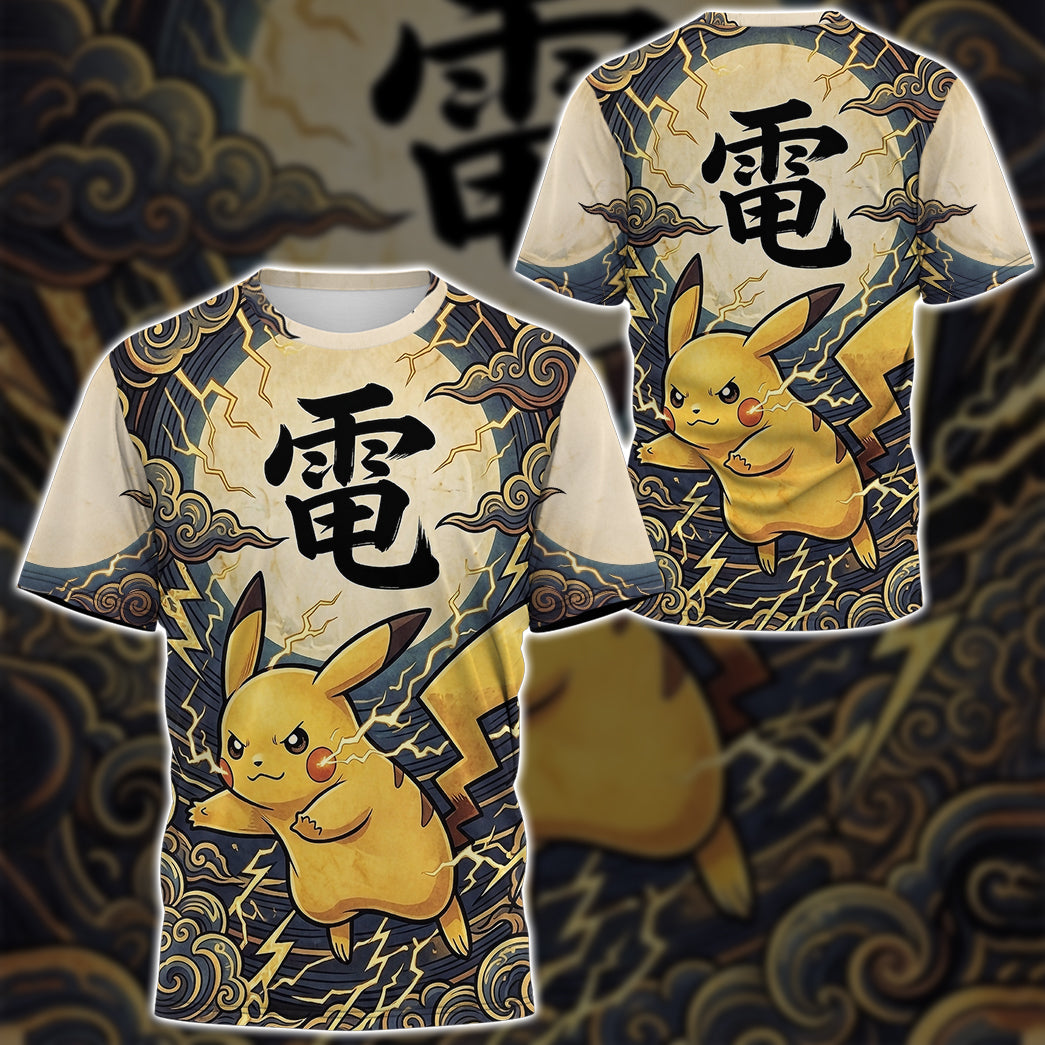 Anime PKM Pikachu Japanese Kanji Aesthetic All Over Printed Sweatshirt Hoodie Zip Hoodie T-Shirt