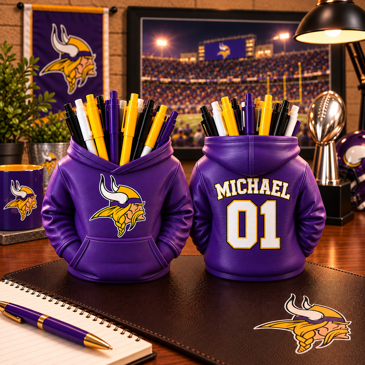 Minnesota Vikings Personalized Hoodie Candy & Pen Holder – Custom Name & Number, 3D-Printed PLA