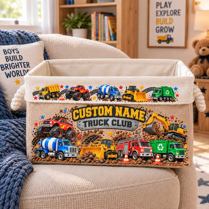 Personalized Truck Club Basket Custom Kid's Name, Custom Kid's Name Storage Bin with Rope Handles