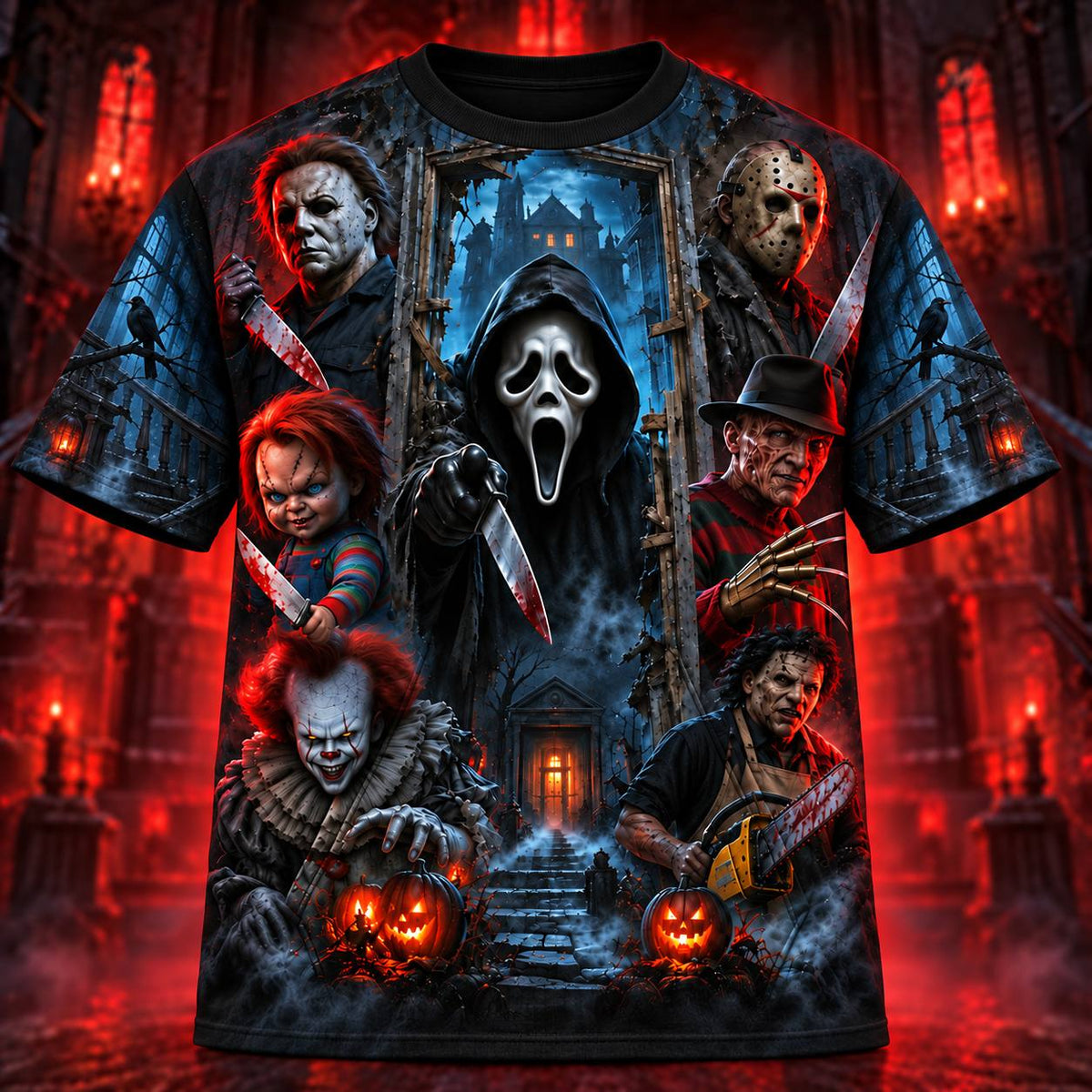 Horror Icons Haunted Mansion AOP T-Shirt Sweatshirt Hoodie