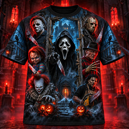 Horror Icons Haunted Mansion AOP T-Shirt Sweatshirt Hoodie