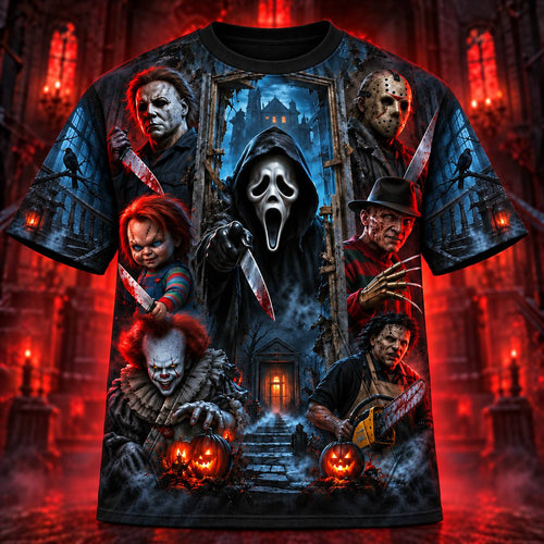 Horror Icons Haunted Mansion AOP T-Shirt Sweatshirt Hoodie