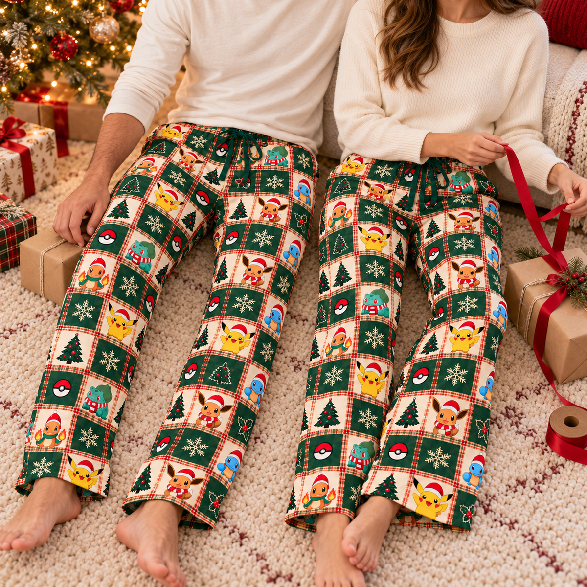 PKM Christmas Lounge Pants, Red Plaid Lounge Pants for Men and Women, Matching Couples Loungewear
