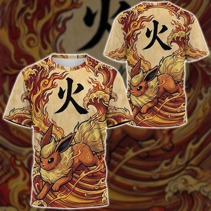 Anime PKM Flareon Japanese Kanji Aesthetic All Over Printed Sweatshirt Hoodie Zip Hoodie T-Shirt