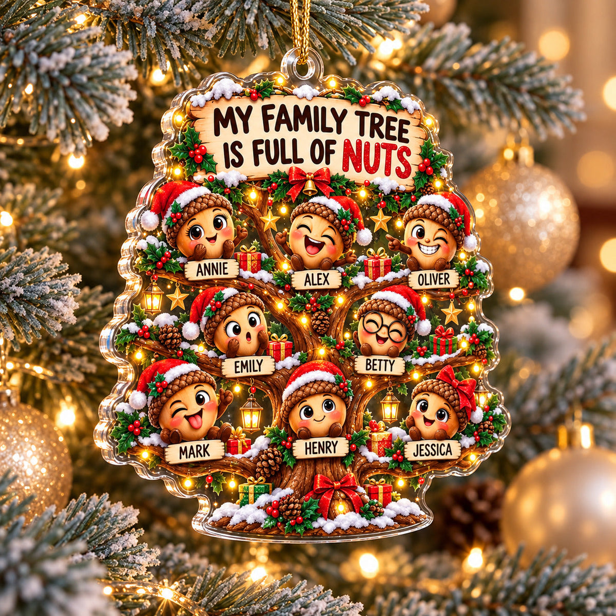 Personalized Acorn Family Christmas Ornament – “My Family Tree Is Full of Nuts” – Custom Names