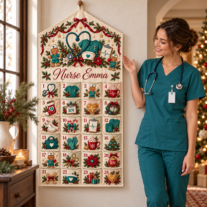 Personalized Nurse Advent Calendar, 24-Pocket Fabric Christmas Countdown, Custom Name Wall Hanging, Nurse Christmas Gift