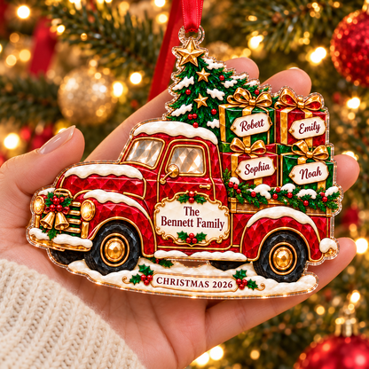 Personalized Red Truck Christmas Acrylic & Glass Ornament with Family Names, Vintage Style Pickup