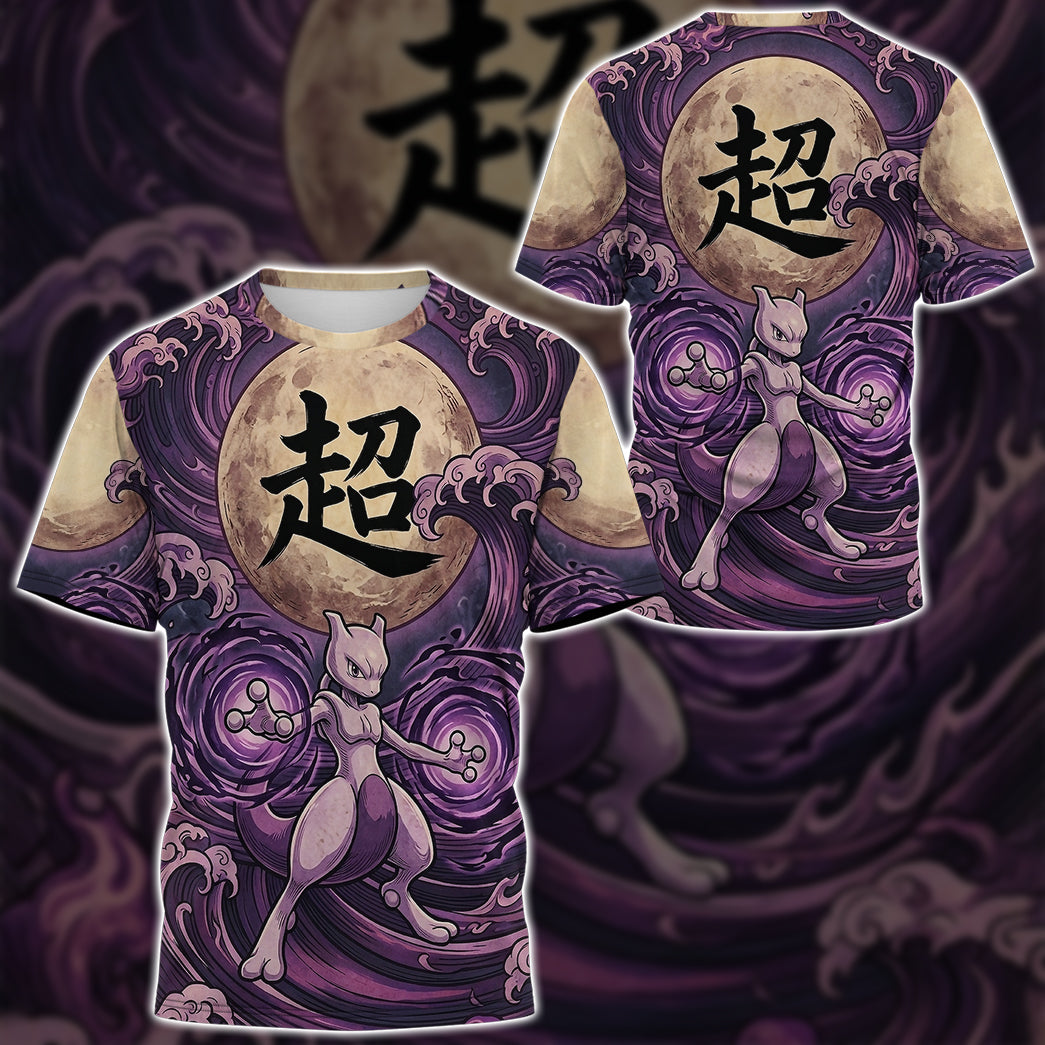 Anime PKM Mewtwo Japanese Kanji Aesthetic All Over Printed Sweatshirt Hoodie Zip Hoodie T-Shirt