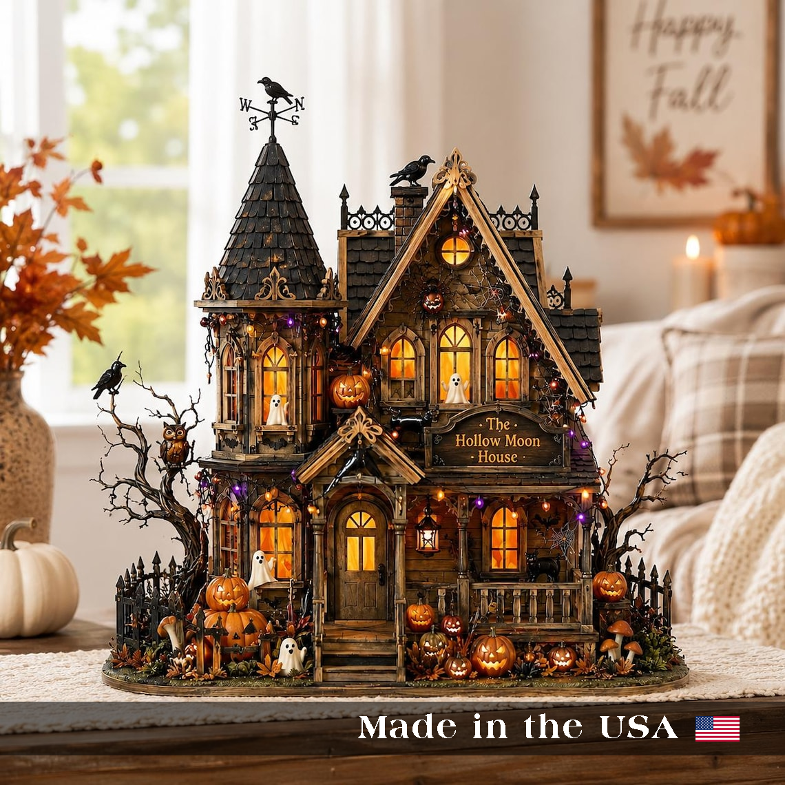 Personalized Halloween Haunted House Custom Family Name 3-Layer Wooden Block