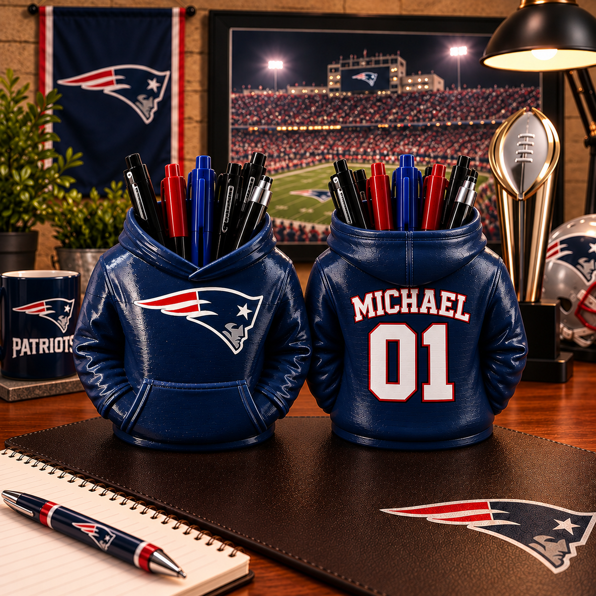 New England Patriots Personalized Hoodie Candy & Pen Holder – Custom Name & Number, 3D-Printed PLA