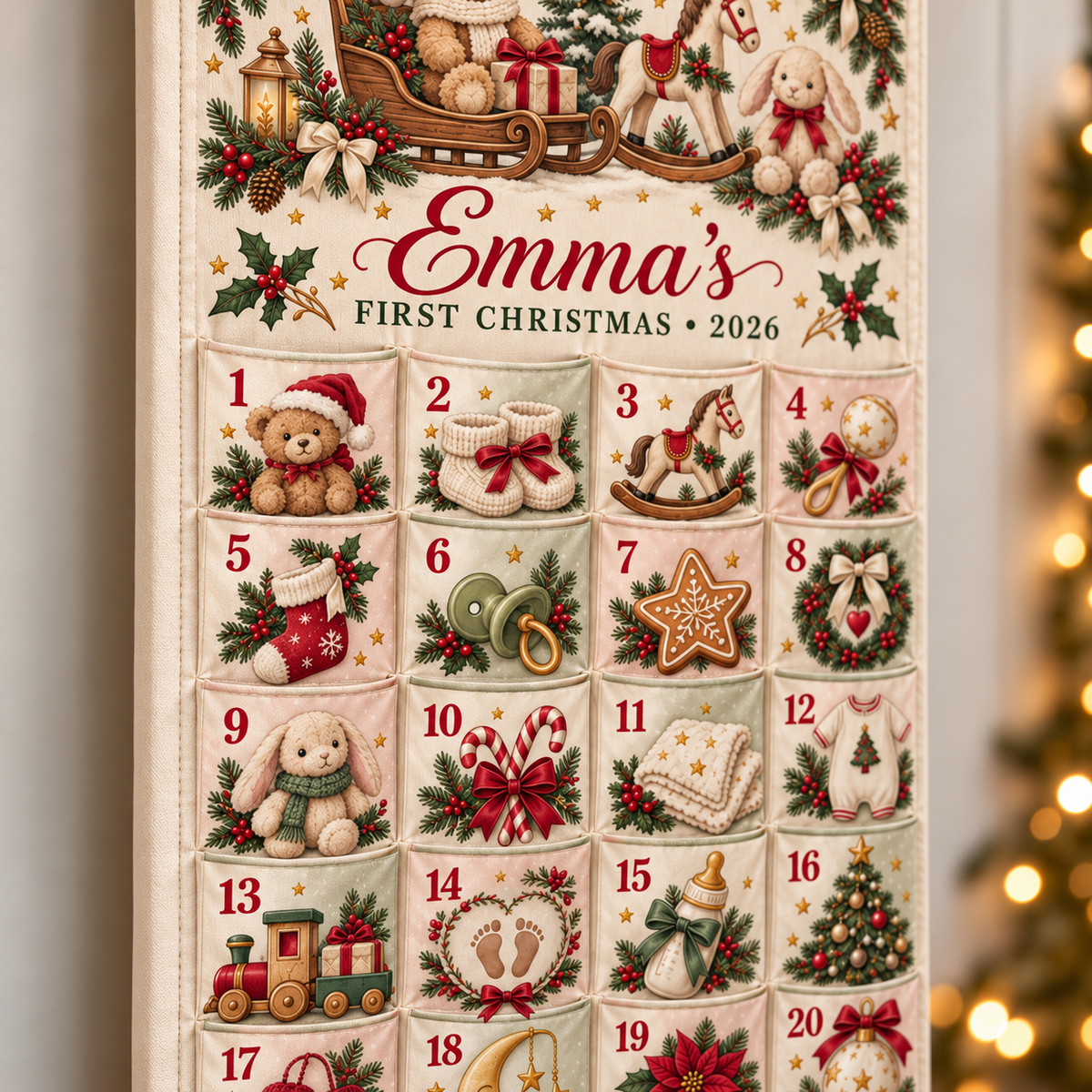 Personalized Baby’s First Christmas Advent Calendar, 24 Pocket Fabric Wall Hanging, Custom Name and Year