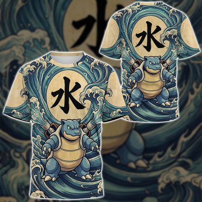 Anime PKM Blastoise Japanese Kanji Aesthetic All Over Printed Sweatshirt Hoodie Zip Hoodie T-Shirt