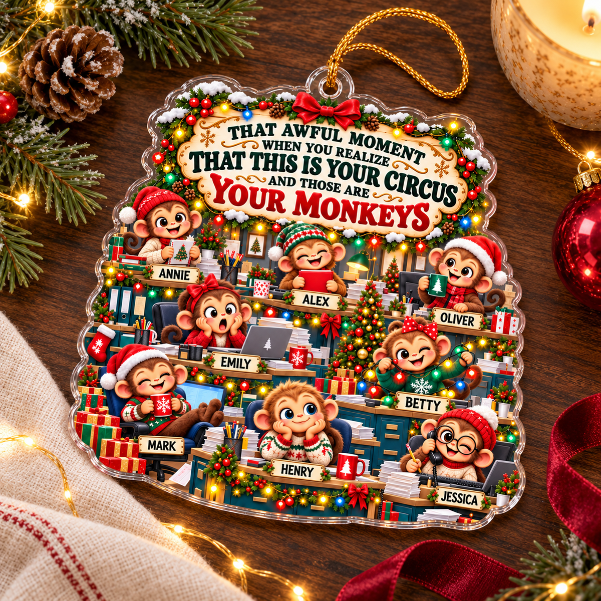 Personalized Office Monkey Christmas Ornament, Custom Team Names, Funny Acrylic Gift for Boss