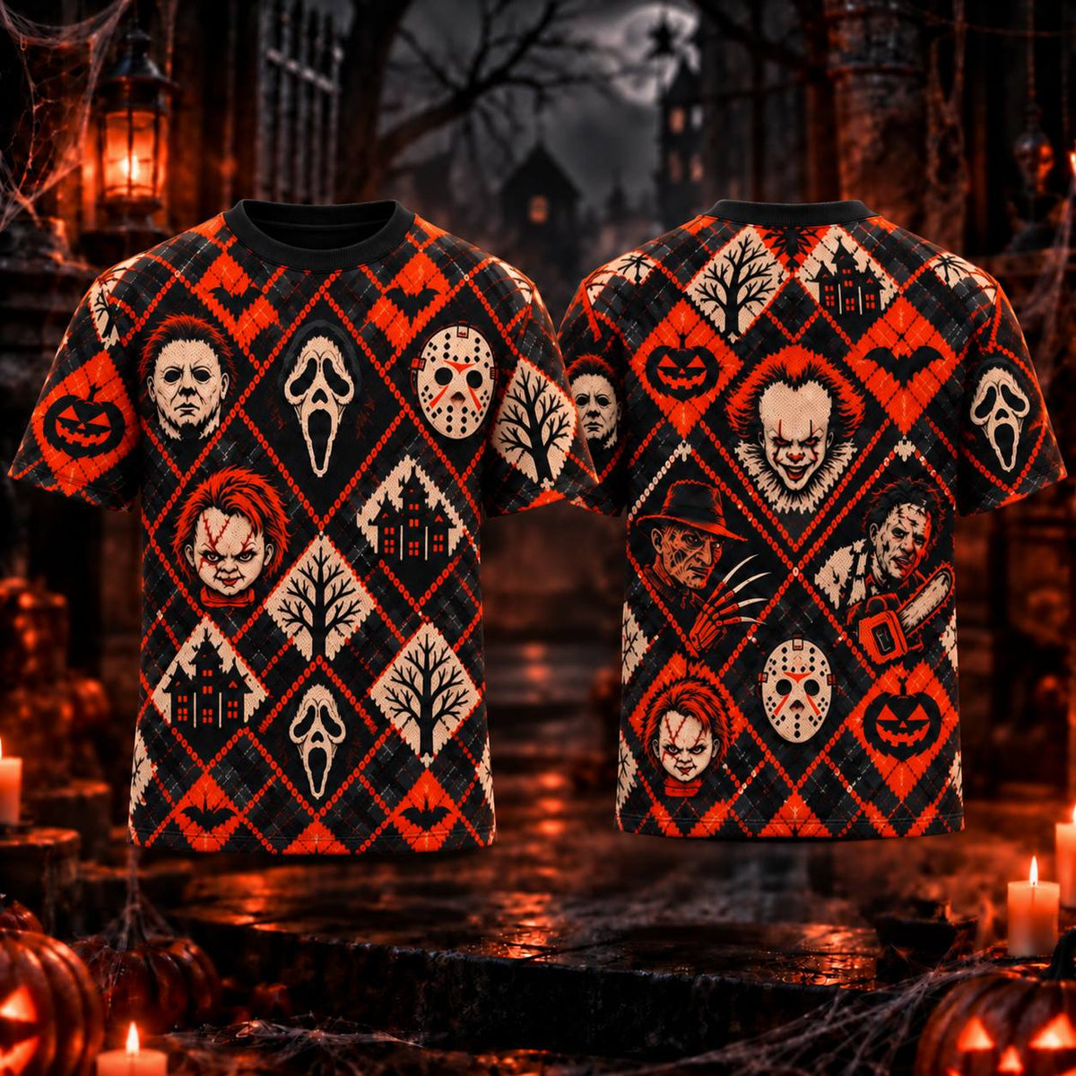 Horror Icons Halloween Argyle AOP T-Shirt Sweatshirt Hoodie