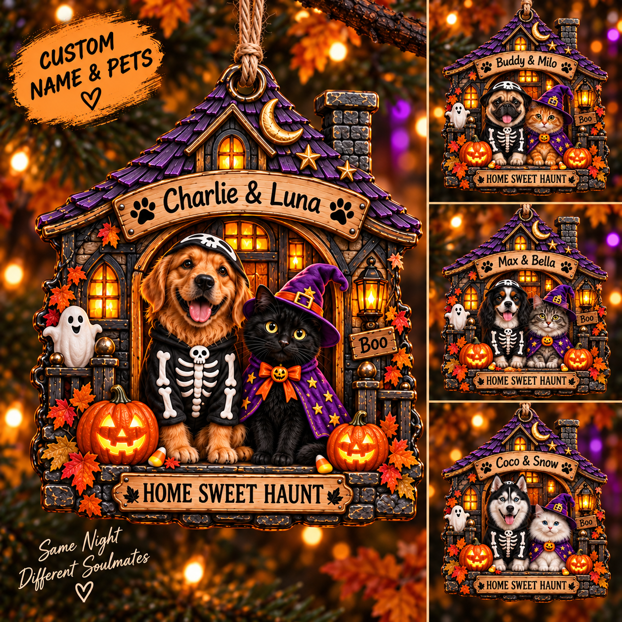 Personalized Halloween Haunted House Custom Pet  Photo & Name Double-Side Printed Wooden Ornament