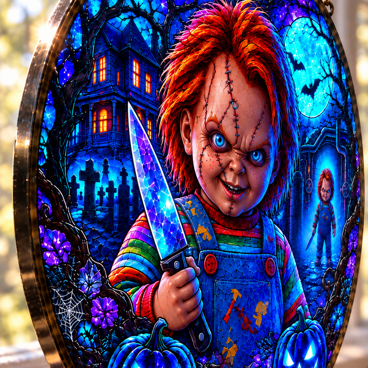 Halloween Neon Chucky Glass Suncatcher