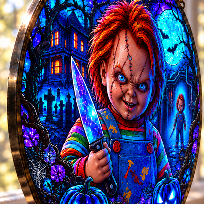 Halloween Neon Chucky Glass Suncatcher