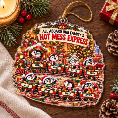 Personalized Penguin Family Christmas Ornament, Hot Mess Express Train, Custom Names Acrylic Keepsake