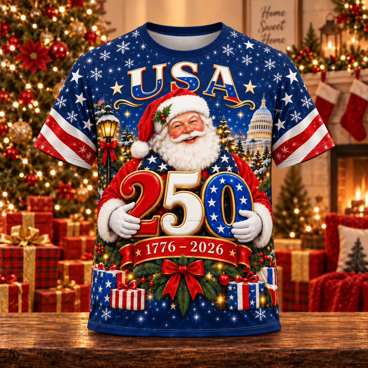 Christmas 250th USA Anniversary AOP T-Shirt Sweatshirt Hoodie