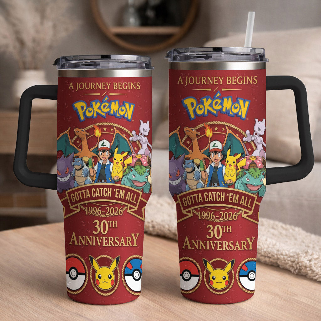 Anime Monster Trainer 30th Anniversary Tumbler, Red Adventure Begins Travel Cup, 1996–2026 Gaming Inspired Tumbler With Handle