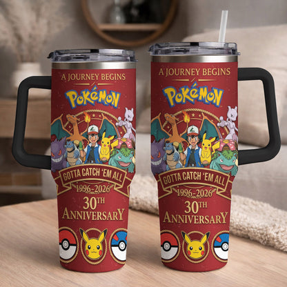 Anime Monster Trainer 30th Anniversary Tumbler, Red Adventure Begins Travel Cup, 1996–2026 Gaming Inspired Tumbler With Handle
