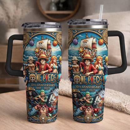 Pirate Anime Adventure 30th Anniversary Tumbler, 1997–2027 Manga Inspired Travel Cup, Ocean Crew Stainless Tumbler With Handle