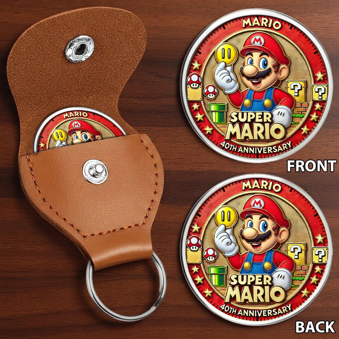 Super Mario 40th Anniversary Printed Commemorative Coin With Pocket Hug Leather Keychain