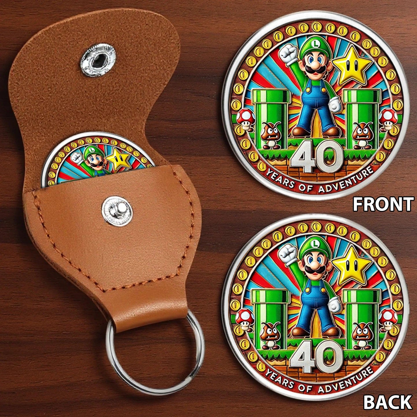 Super Mario 40th Anniversary Printed Commemorative Coin With Pocket Hug Leather Keychain