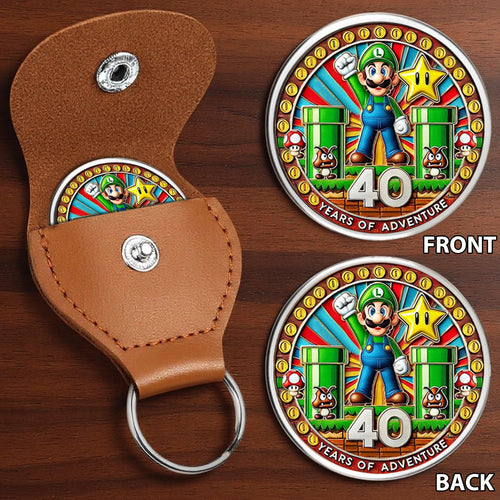 Super Mario 40th Anniversary Printed Commemorative Coin With Pocket Hug Leather Keychain