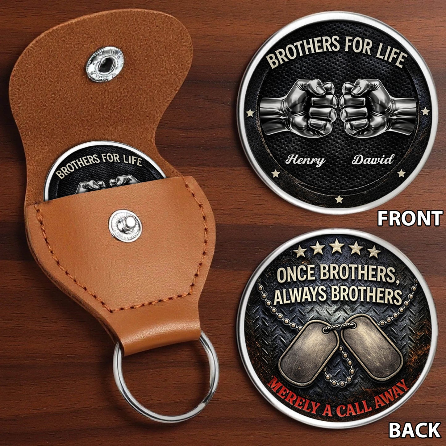 Brothers For Life Printed Commemorative Coin With Pocket Hug Leather Keychain