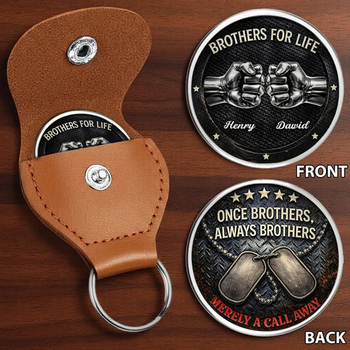Brothers For Life Printed Commemorative Coin With Pocket Hug Leather Keychain