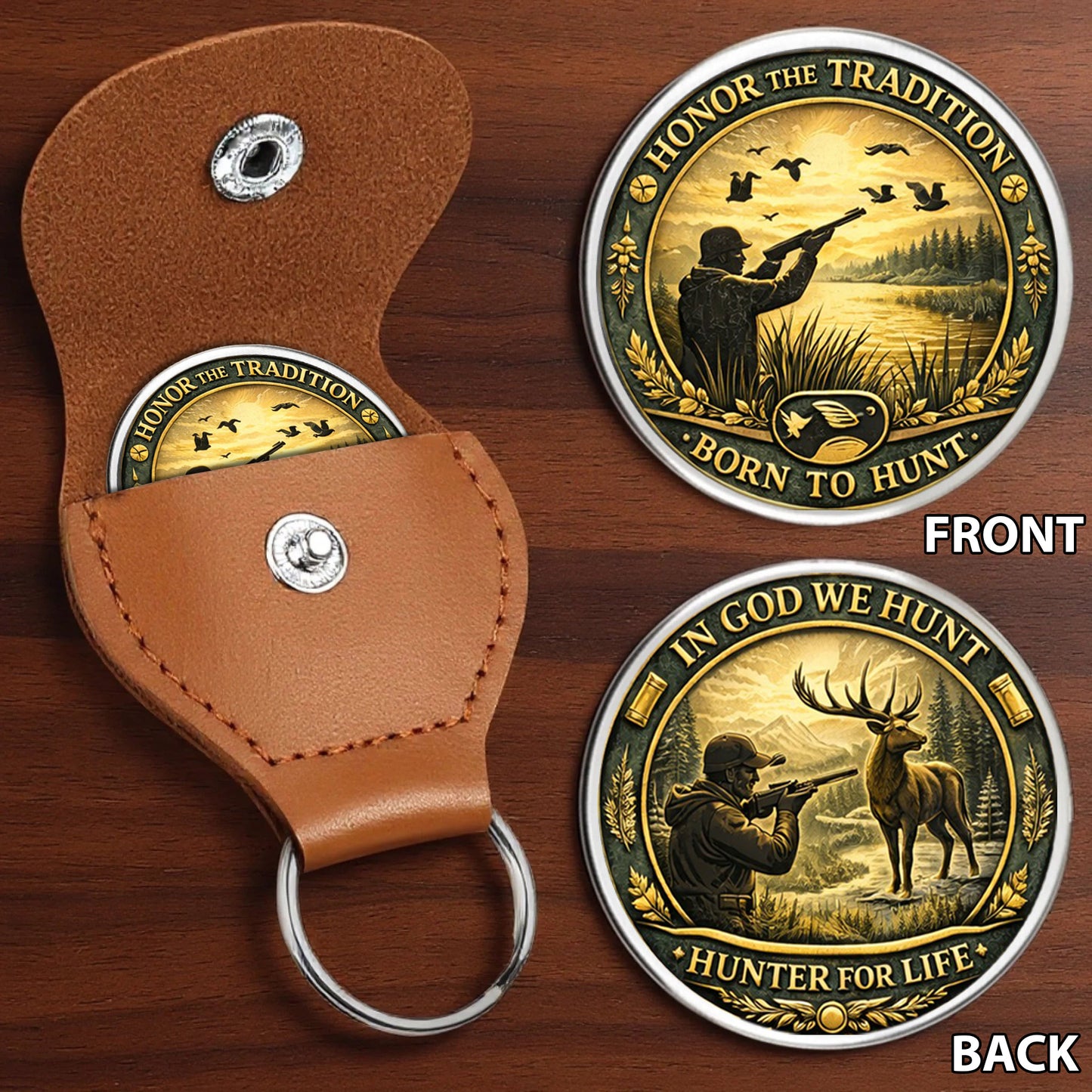 Born To Hunt Printed Commemorative Coin With Pocket Hug Leather Keychain