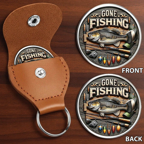 Gone Fishing Printed Commemorative Coin With Pocket Hug Leather Keychain