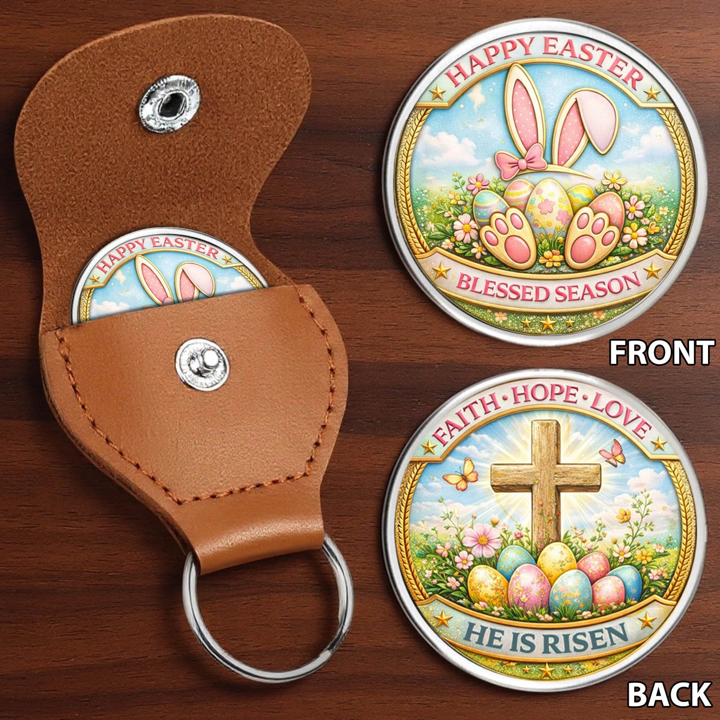 Happy Easter Printed Commemorative Coin With Pocket Hug Leather Keychain