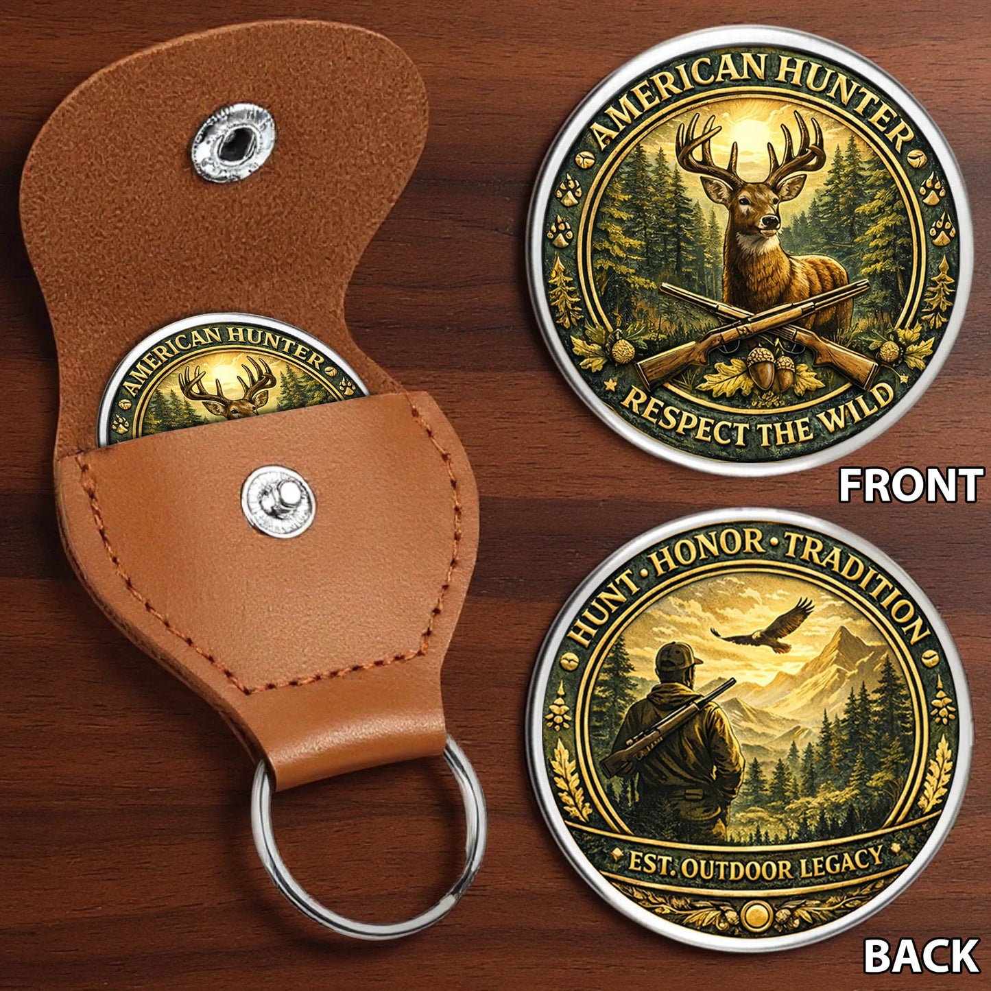 American Hunter Printed Commemorative Coin With Pocket Hug Leather Keychain