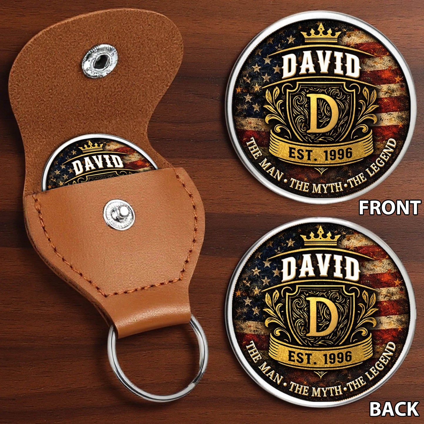 The Man The Myth The Legend Printed Commemorative Coin With Pocket Hug Leather Keychain