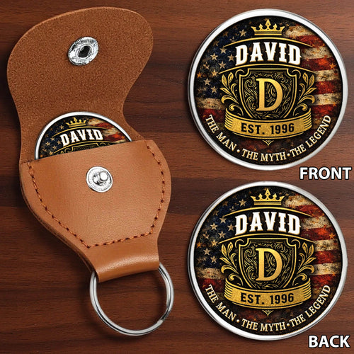 The Man The Myth The Legend Printed Commemorative Coin With Pocket Hug Leather Keychain