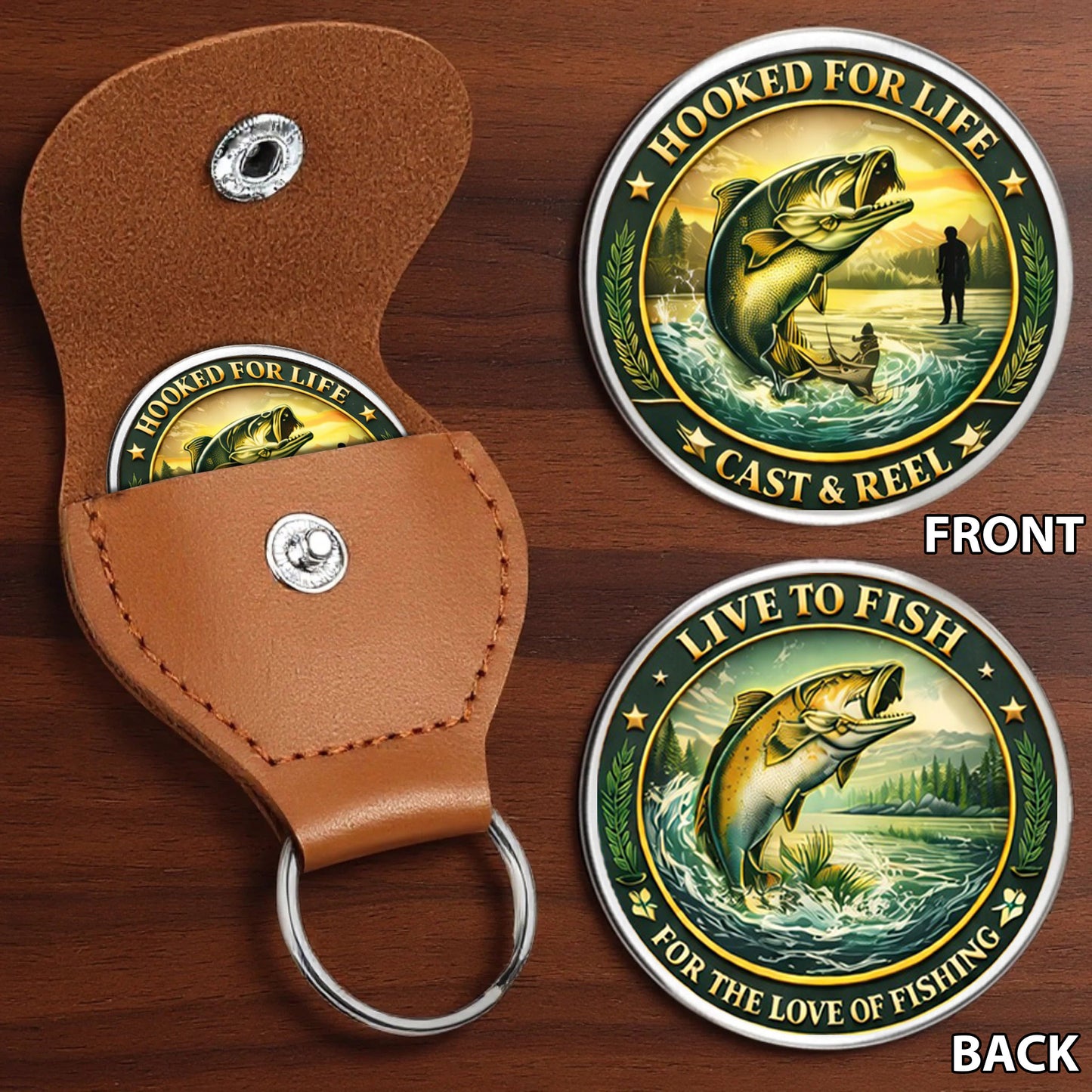 Hooked For Life Printed Commemorative Coin With Pocket Hug Leather Keychain