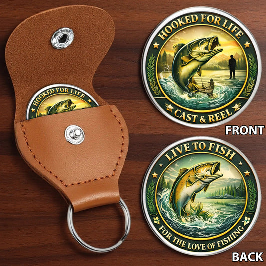 Hooked For Life Printed Commemorative Coin With Pocket Hug Leather Keychain