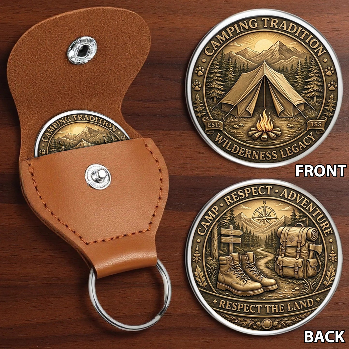 Camping Tradition Printed Commemorative Coin With Pocket Hug Leather Keychain