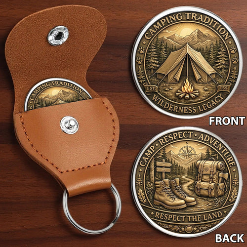 Camping Tradition Printed Commemorative Coin With Pocket Hug Leather Keychain