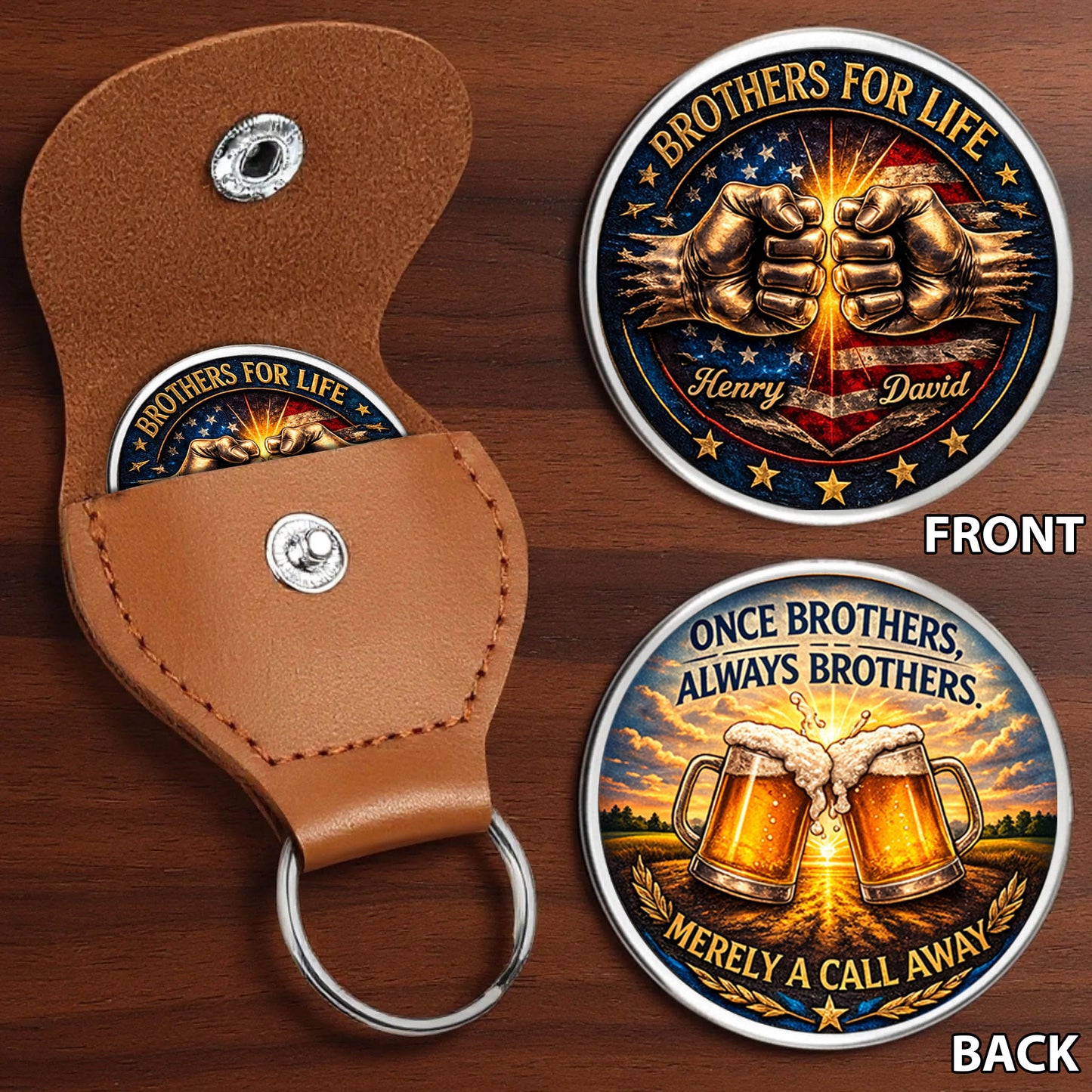 Brothers For Life Printed Commemorative Coin With Pocket Hug Leather Keychain