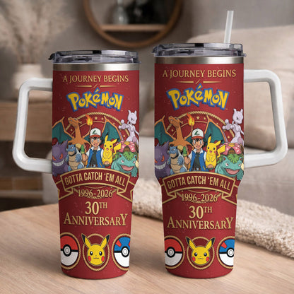 Anime Monster Trainer 30th Anniversary Tumbler, Red Adventure Begins Travel Cup, 1996–2026 Gaming Inspired Tumbler With Handle