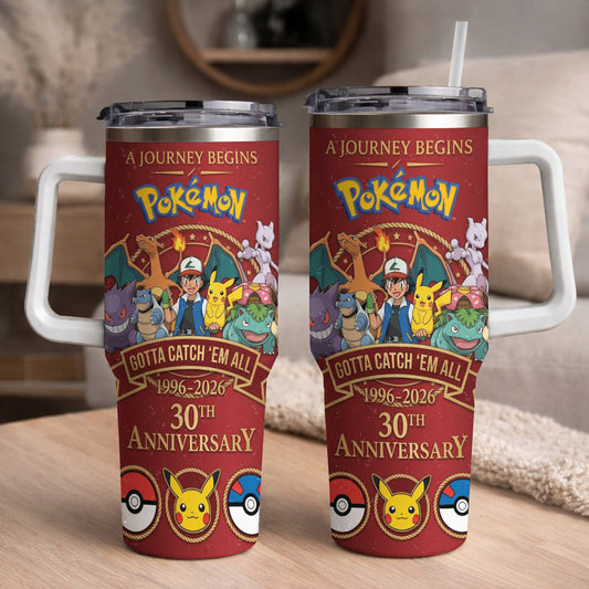 Anime Monster Trainer 30th Anniversary Tumbler, Red Adventure Begins Travel Cup, 1996–2026 Gaming Inspired Tumbler With Handle